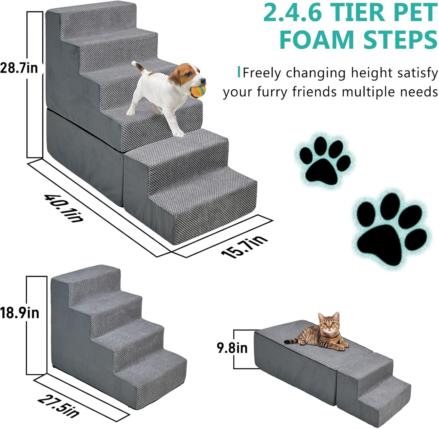 Dog Stairs for Bed 30''H Small Dogs, 6-Step Sturdy Foam Dog Steps for High Bed, Pet Stairs for Older Dogs/Cats/Puppy, Non-Slip Curved Pet Ramp Indoor, Removable Washable Cover, Grey
