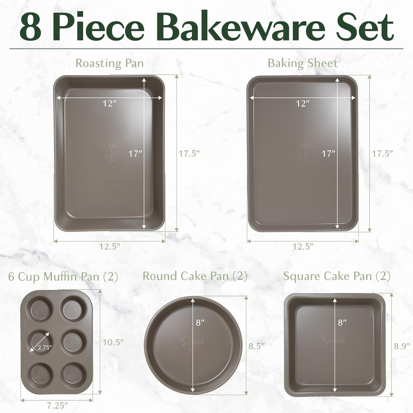 Goodful All-In-One Nonstick Bakeware Set, Stackable and Space Saving Design includes Round and Square Pans, Muffin Pans, Cookie Sheet and Roaster, Dishwasher Safe, 8-Piece, Linen