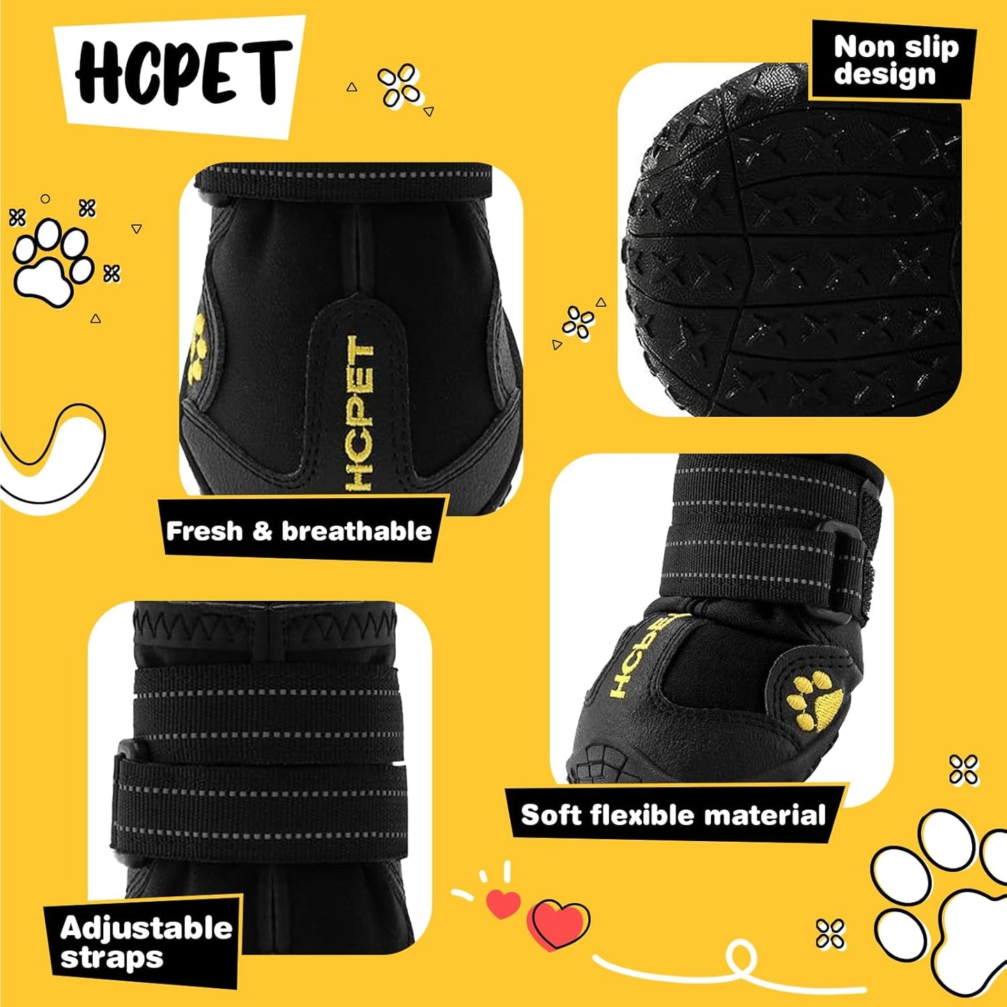 Hcpet Dog Boots, Dog Shoes for Large Dogs, Medium Dog Boots & Paw Protectors, Anti-Slip Dog Booties for Hot Pavement Winter Snow Hiking with Reflective Straps Black Size 6