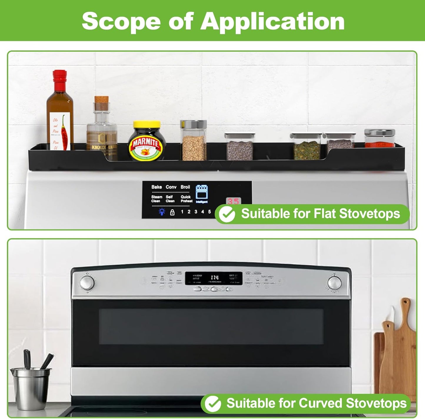 30 Inch Magnetic Stove Top Shelf | 3-Zone Kitchen Organizer with Anti-Slip & Anti-Fall Design | Heat Resistant (-40°F to 446°F) Food-Grade Silicone Spice Rack for Flat Stoves-Black