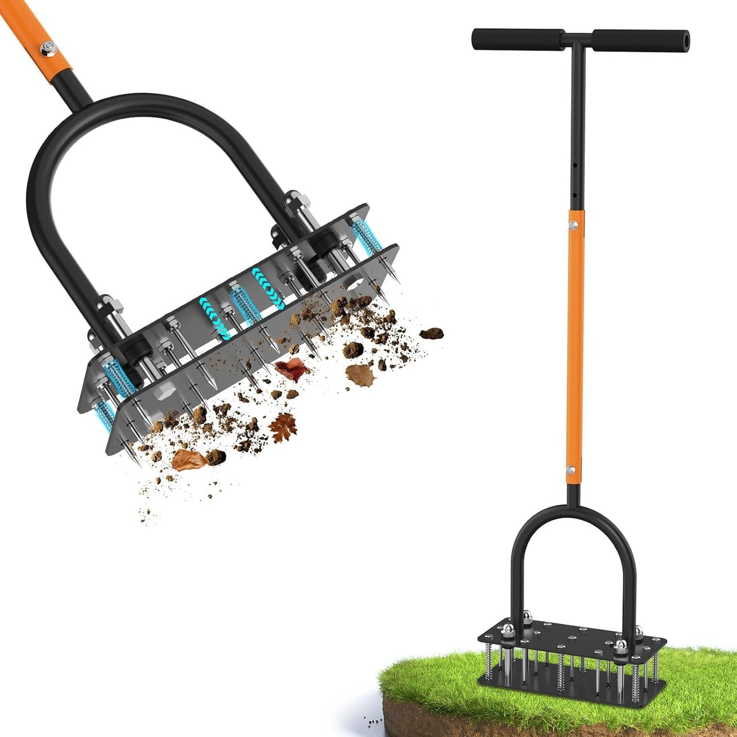 GAINO Manual Lawn Aerator Tool with 15 Spikes, 32"-35" Adjustable T-Handle Aerator for Lawn, Automatic Dirt Ejection Design, Heavy Duty Yard Grass Aerator for Soil Compaction, Black & Orange