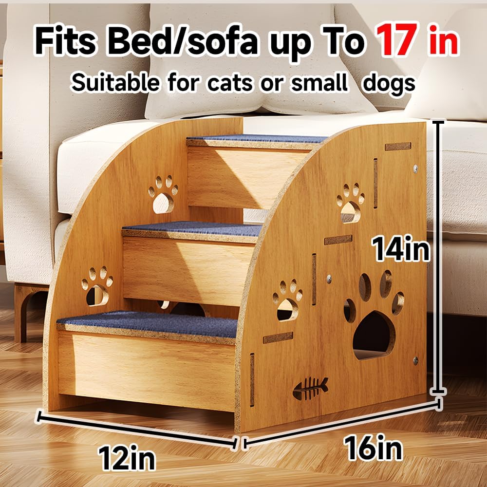 Pet Steps for Small Dogs,Wooden Cat Stairs for Old Cats,Doggy Dog Steps for Bed Couch Sofa Windows,3-Step Ladder, 16" L x 12" W x 14" H，Suitable for Height 14-17in