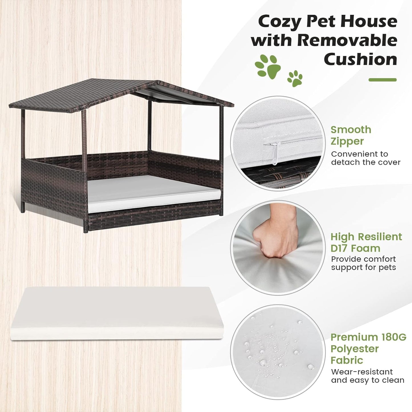 Tangkula Wicker Dog House, Indoor Outdoor Raised Rattan Dog Bed w/Removable Cushion, Washable Cover, Weatherproof Roof, Rattan Puppy Shelter w/Elevated Floor for Small Medium Dogs (White)