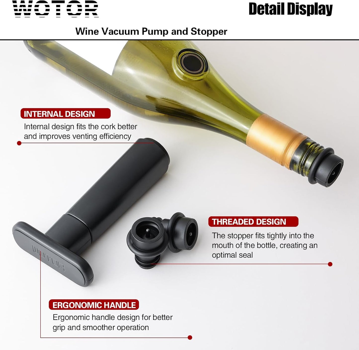 WOTOR Wine Saver Vacuum Pump with 4 Stoppers, Wine Stopper & Preserver, Reusable Bottle Sealer Keeps Fresh, Ideal Accessories Gift (Flat Handle)