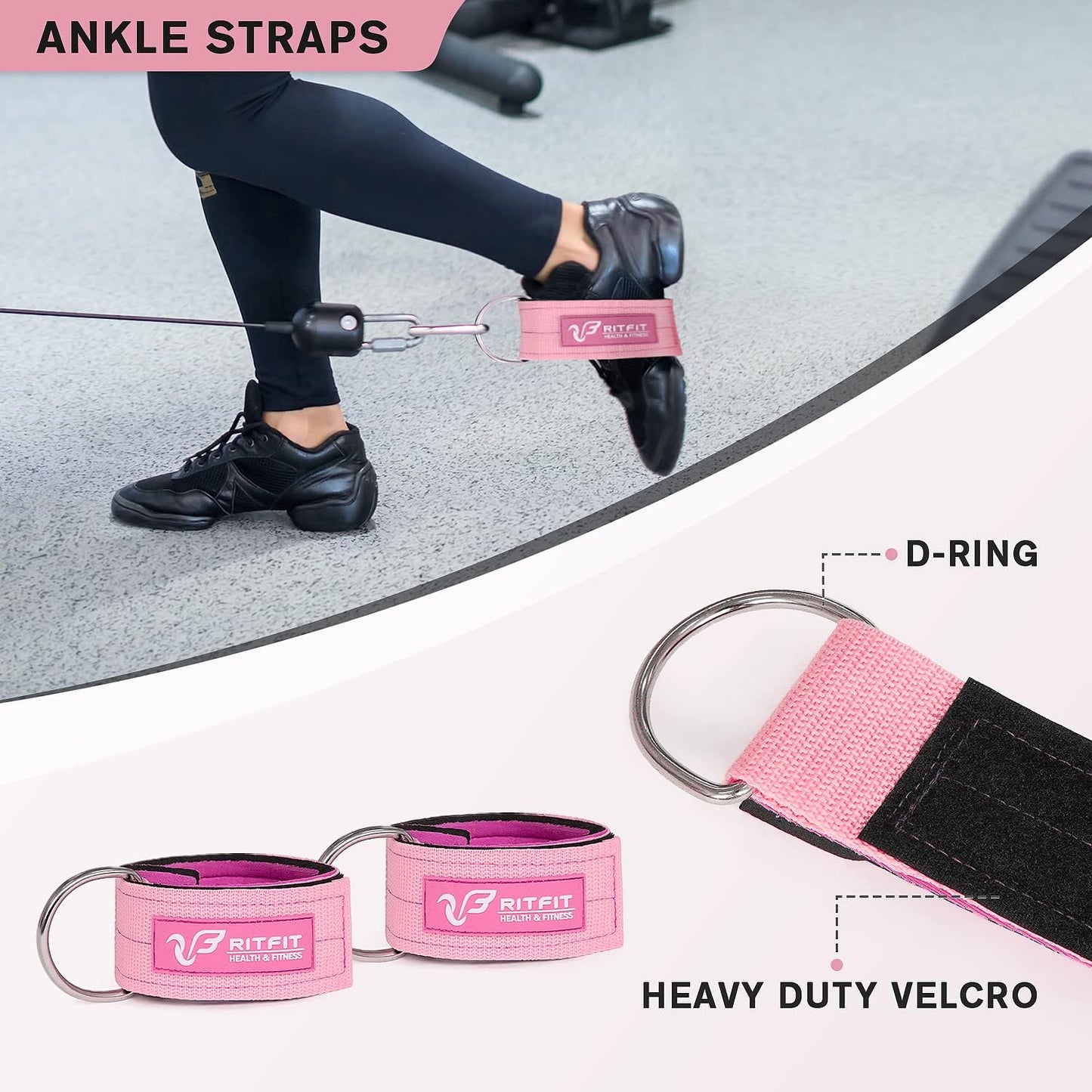 RitFit 7 Pcs Barbell Squat Pad Set, with Resistance Band, 2 Safety Straps, 2 Gym Ankle Straps & Carry Bag, Upgraded Neck & Shoulder Protective Pad Support for Squats, Lunges & Hip Thrust (Pink/Black)