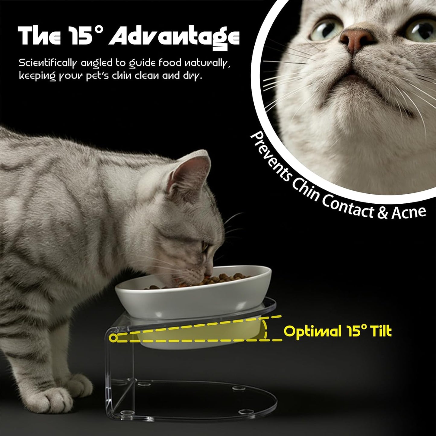 LivLab Mker Raised Cat Bowl, Elevated Cat Food Bowls with Stand - 15° Tilted Shallow Cat Dish for Whisker Fatigue Relief, 4.5" Height for Easy Feeding, Lead & Cadmium Free Melamine Bowl, White
