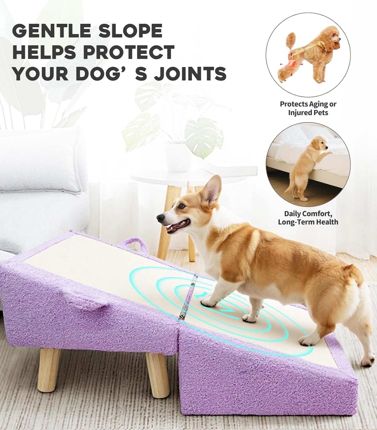 Dog Ramp for Small Dogs and Cats – 2-in-1 Dog Ramp for Couch and Low Bed, 16.5'' Foldable Wooden Pet Ramp, Sturdy Multi-Use Split Ottoman Design, Light Purple