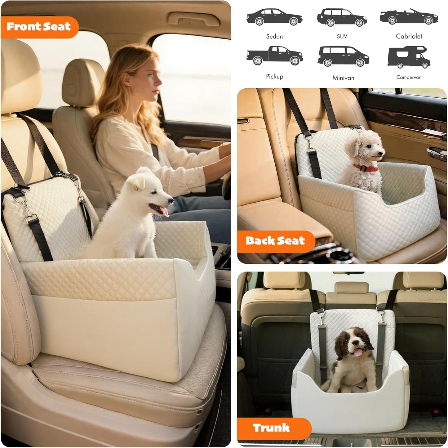 Dog Car Seat for Small/Medium Dogs Under 35lbs, Soft Booster Car Seat with Detachable Washable Cover and Cushion, Memory Foam Pet Car Seat with Safety Belt and Storage Pockets, Puppy Dog Car Bed