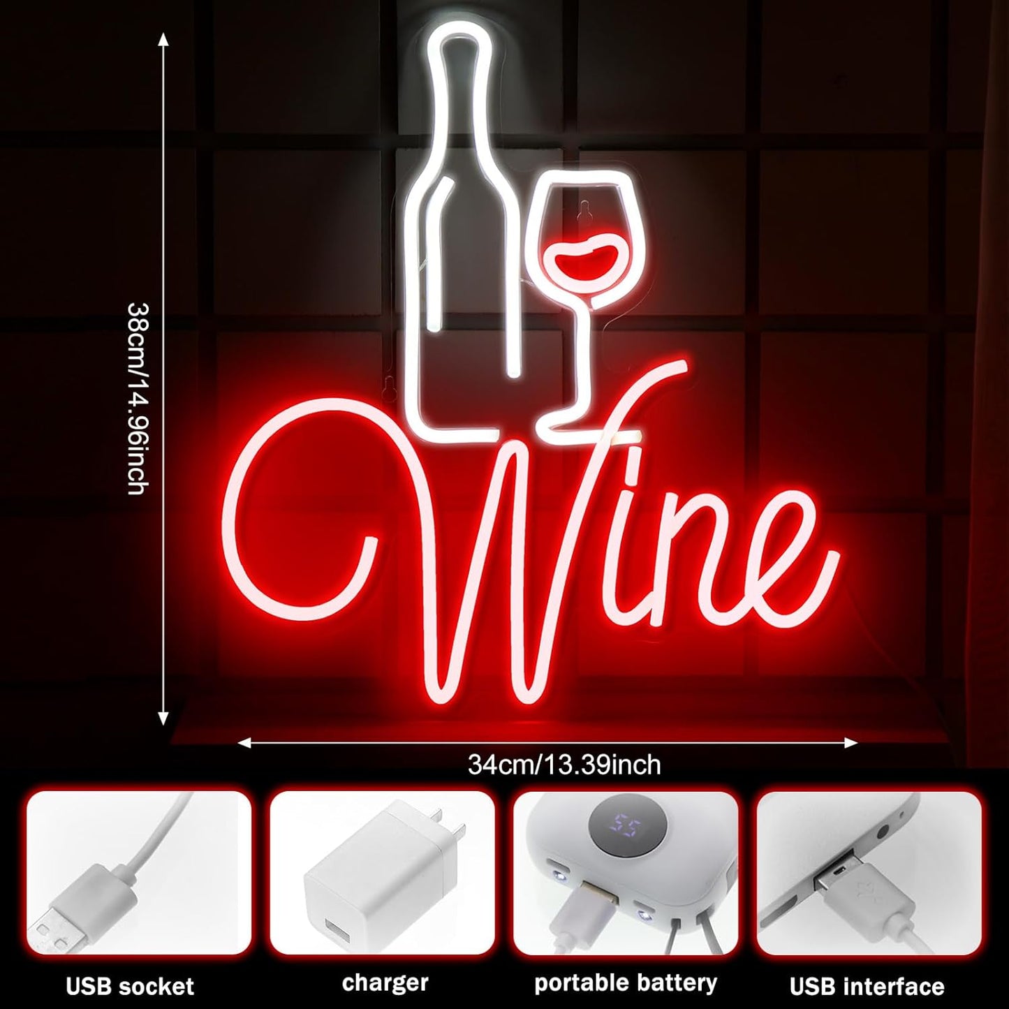 Woanger Red LED Wine Neon Signs for Wall Decor Bar Neon Signs Decor LED with USB Cable Wine Lovers Gifts Party Decoration for Pub Club Drink Shop Kitchen Home Restaurant Wall Art