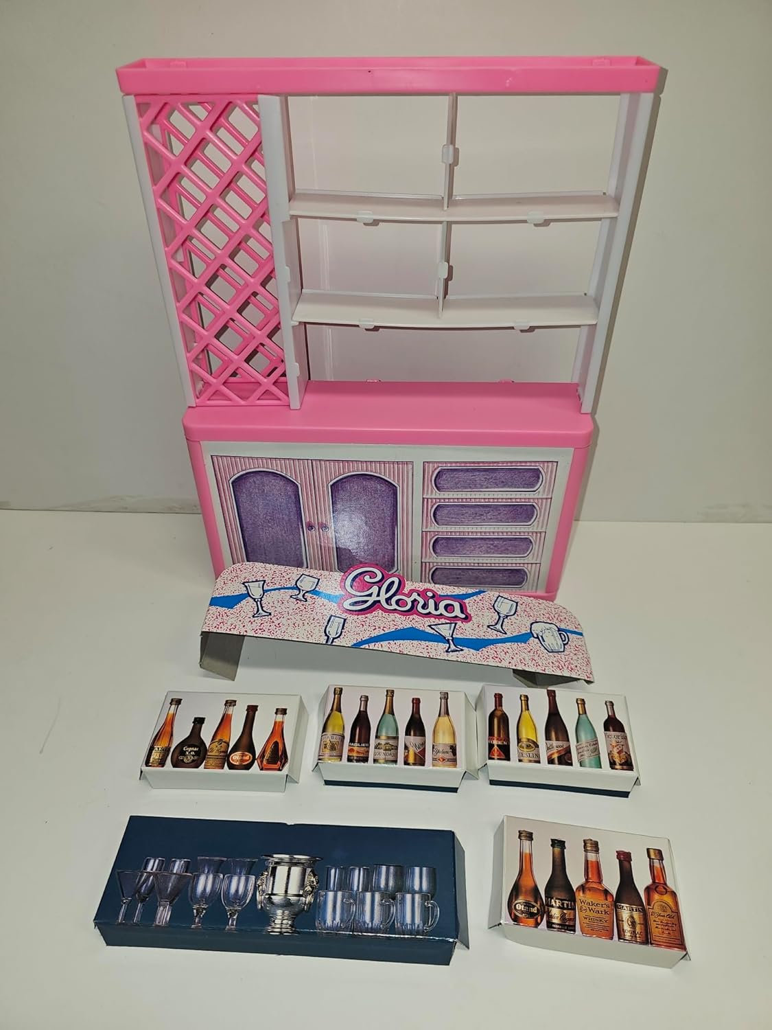 Gloria Bar Counter, Wine Racks,Liquor Bottles and Cups for Dolls Accessories
