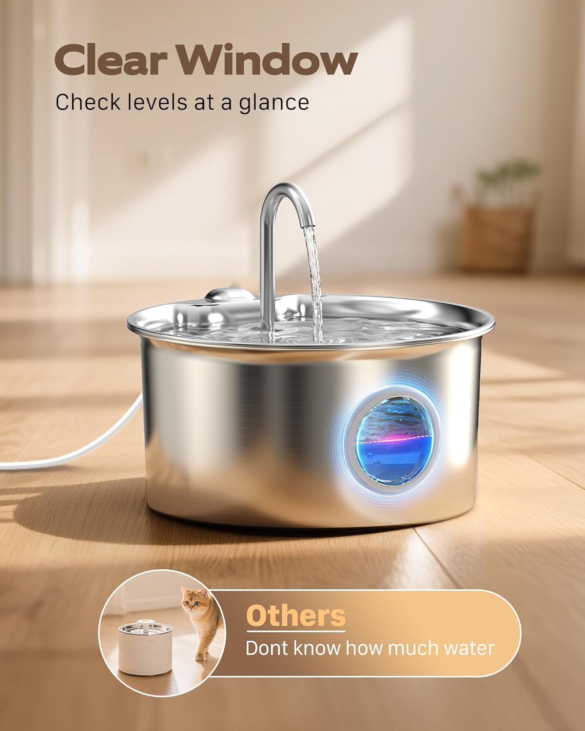 Cat Water Fountain Stainless Steel: Cat Fountain for Drinking - 88oz/2.6L Pet Water Fountain for Cats Indoor - Quiet Cats Water Bowl Dispenser - Pets Feeding & Watering Supplies - for Small Animals
