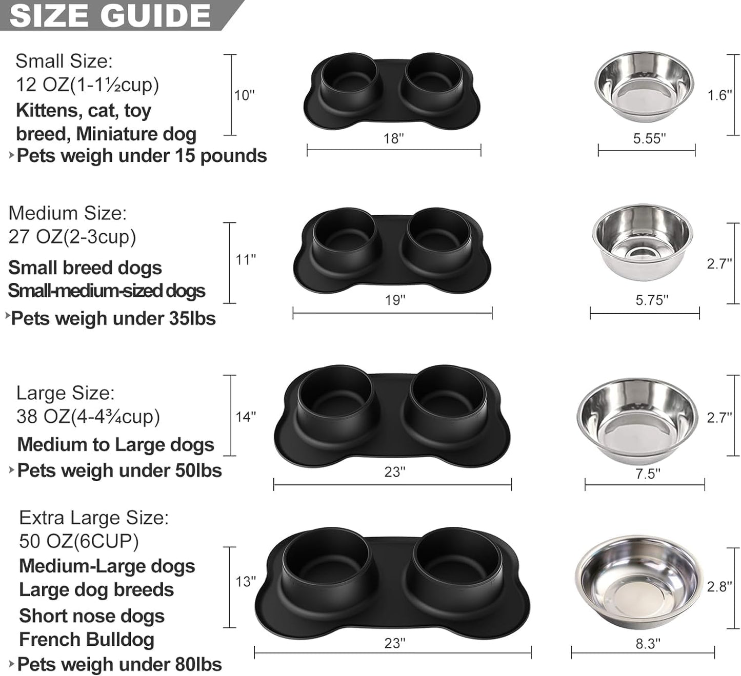 Pet Deluxe Dog Bowls Stainless Steel Dog Food Water Bowl Set with Stand, Feeding Bowls No Spill Non-Skid Silicone Mat, Dog Dishes for Small Medium Large Size Dog Puppy Pet Food Bowls, Black, 4 Cup