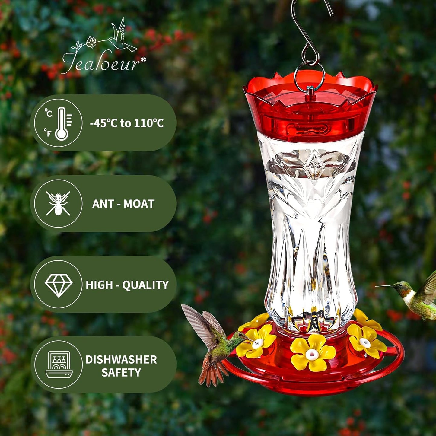2 Pack Hummingbird Feeder for Outdoors Hanging, 18 OZ Humming Birds Feeders with 6 Bee Guard Feeding Ports & Built-in Ant Moat, Easy to Clean, Durable Outdoor Garden Decor(Clear AA)