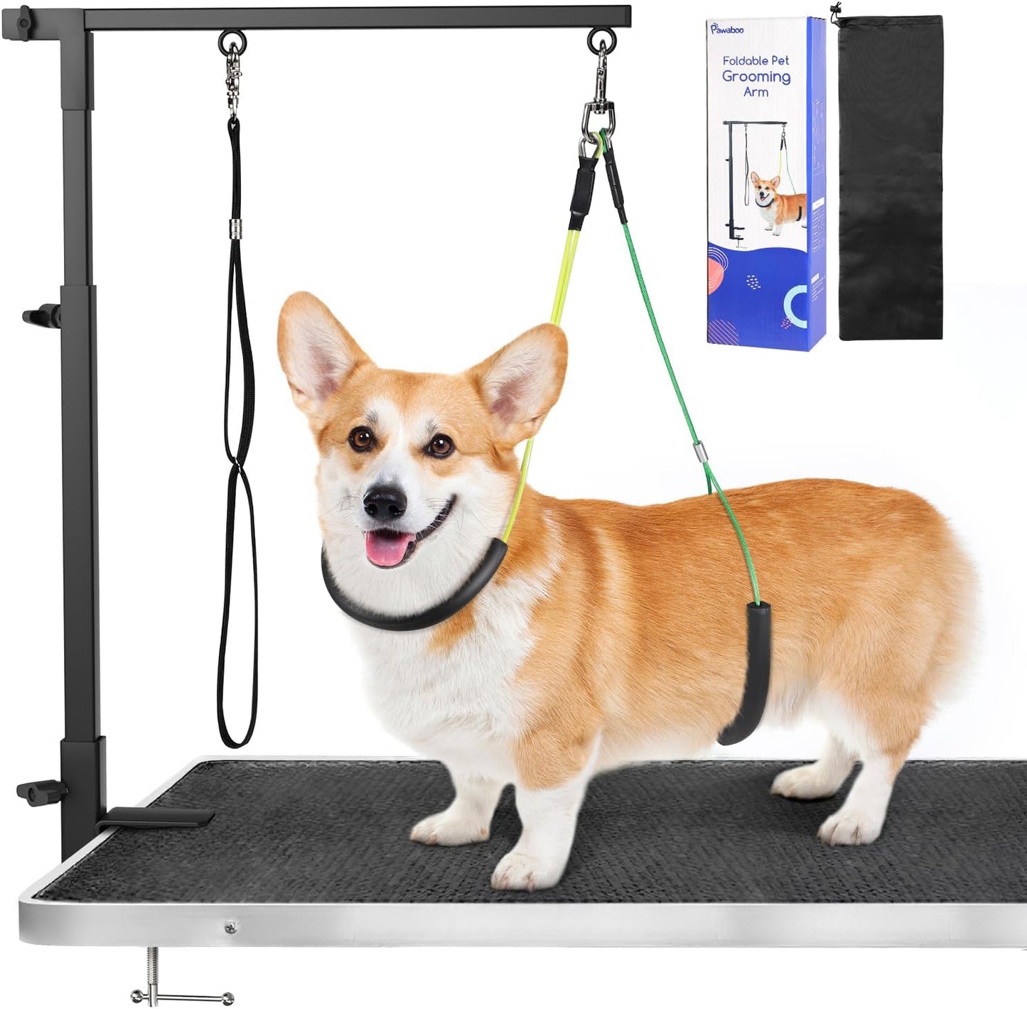 Pawaboo Dog Grooming Table Arm with Clamp, 35" Adjustable Dog Grooming Stand and Free Two No Sit Haunch Holder with Groom Loop, Foldable Home Dogs Groom Tool for Small Medium Pet, Groomer Partner