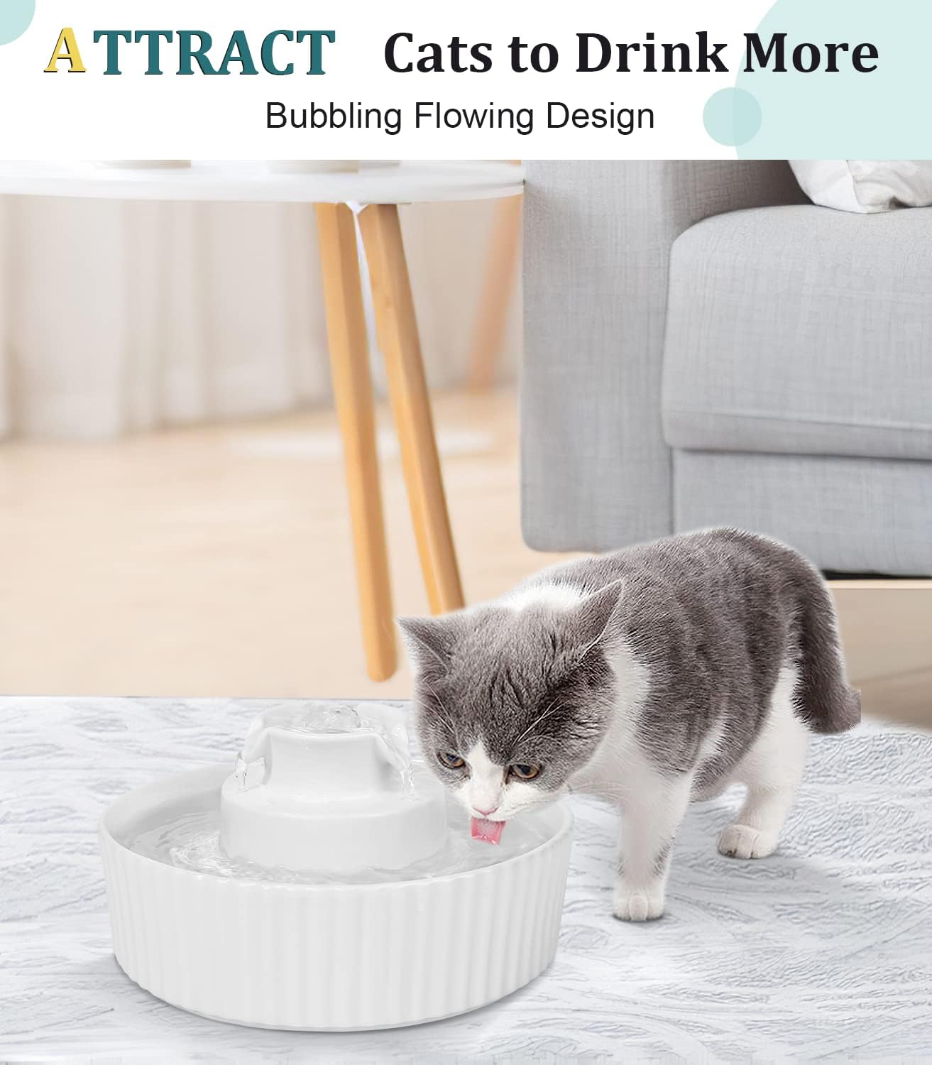 Ceramic Cat Water Fountain, Pet Ceramic Water Fountain Dispenser, 2.1 L Drinking Fountains Bowl for Cats and Dogs with Replacement Filters and Foam(White)
