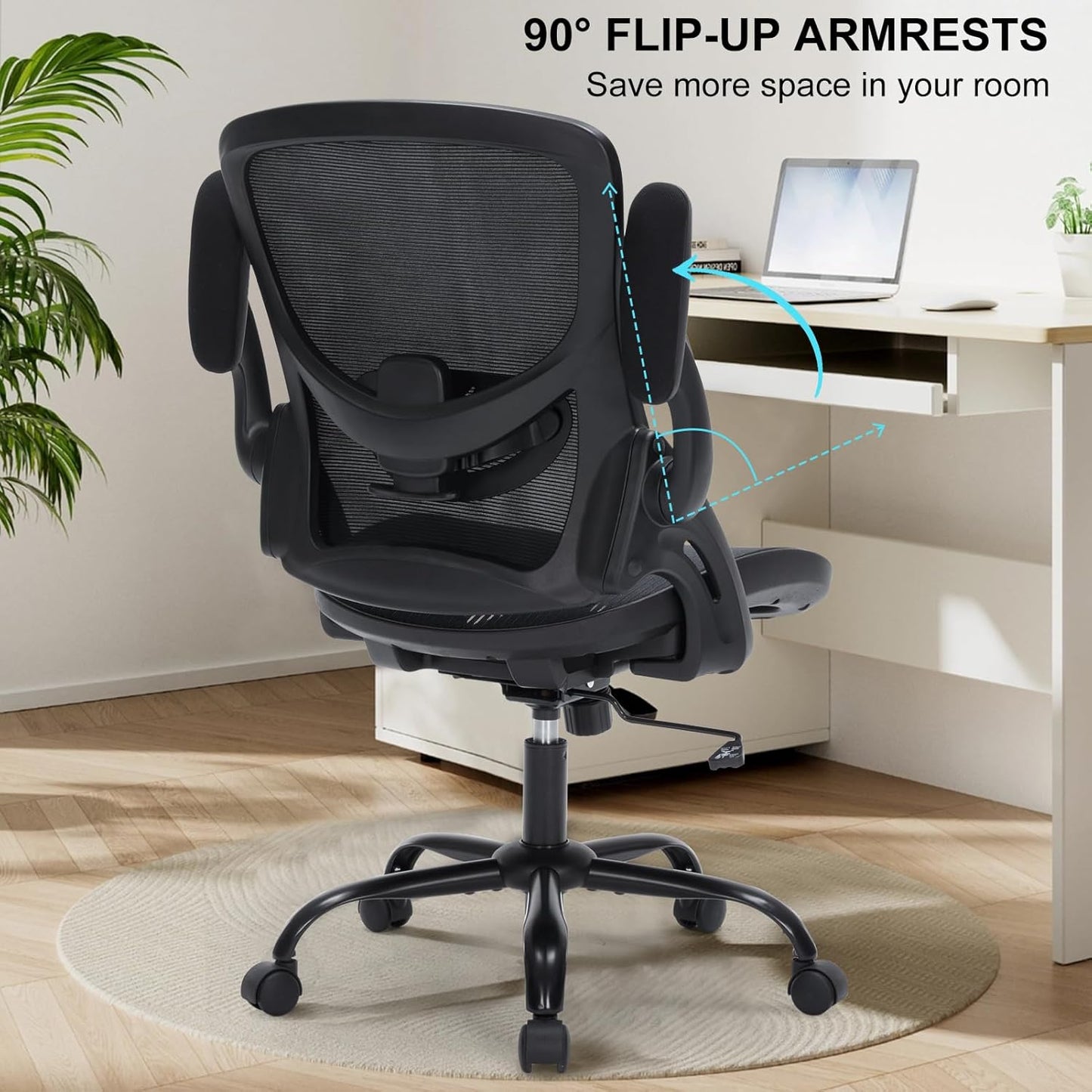 Office Chair, Ergonomic Desk Chair with Adjustable Lumbar Support, Comfy Breathable Mesh Chair with Wheels and Flip-Up Armrests, Executive Chairs for Home Office Comfortable Chair with Rolling Swivel