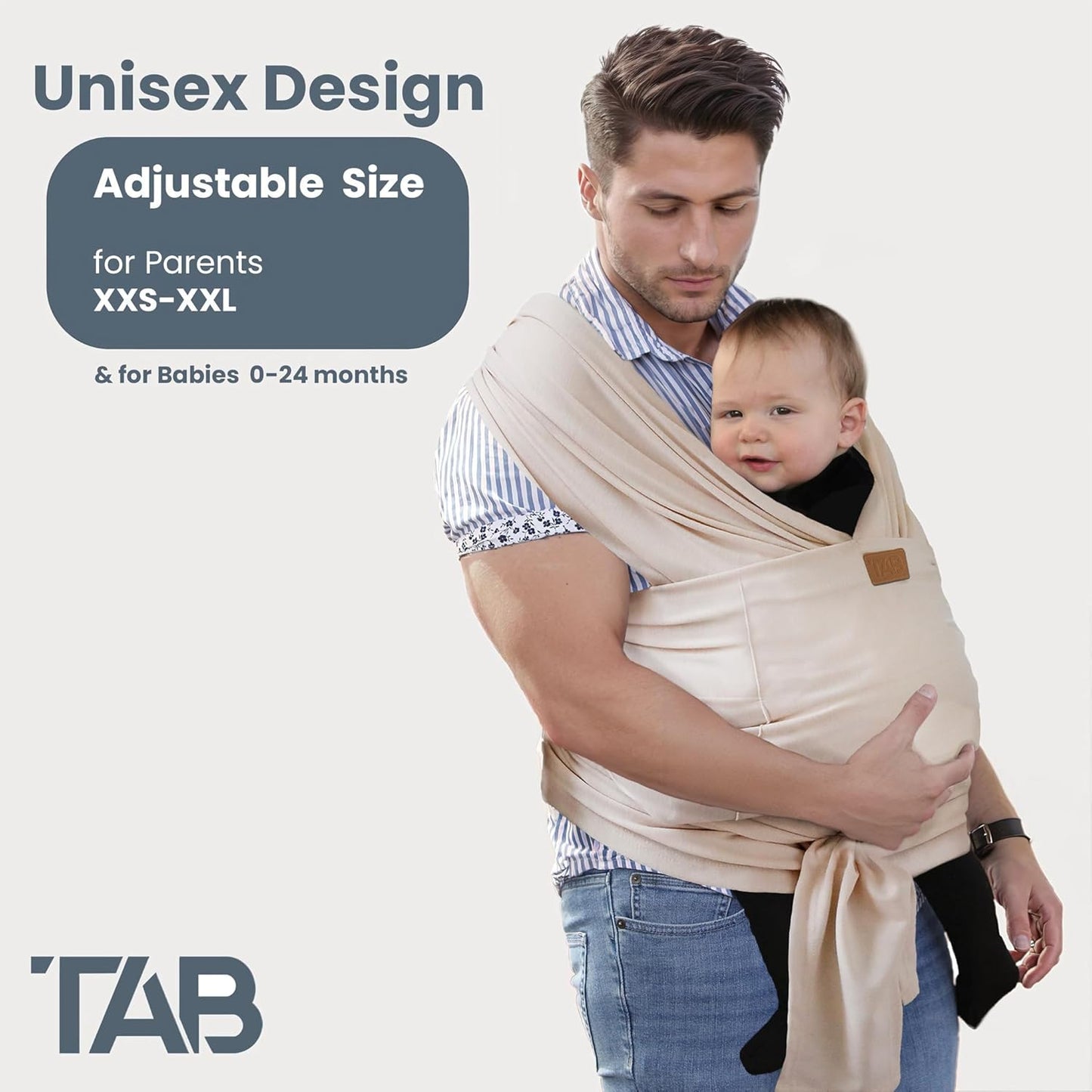 Stylish Beige & Gold Baby Carrier Wrap: Comfortable, Soft & Supportive, Adjustable Ring Sling for Mom & Dad, Ideal for Baby Registry, Newborn to Toddler, Baby Shower