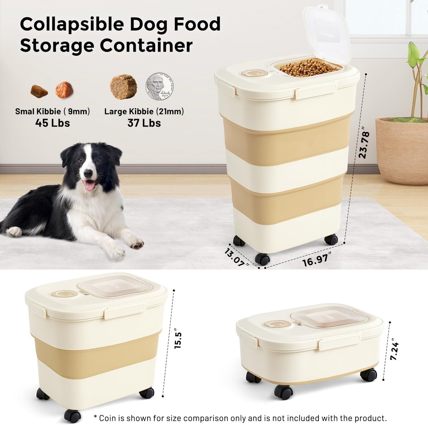 40-50lbs Dog Food Storage Container, Large Capacity Collapsible Airtight Pet Food Storage Containers with Rolling Wheels, Transparent Lid, Scoop and Date Track, Khaki