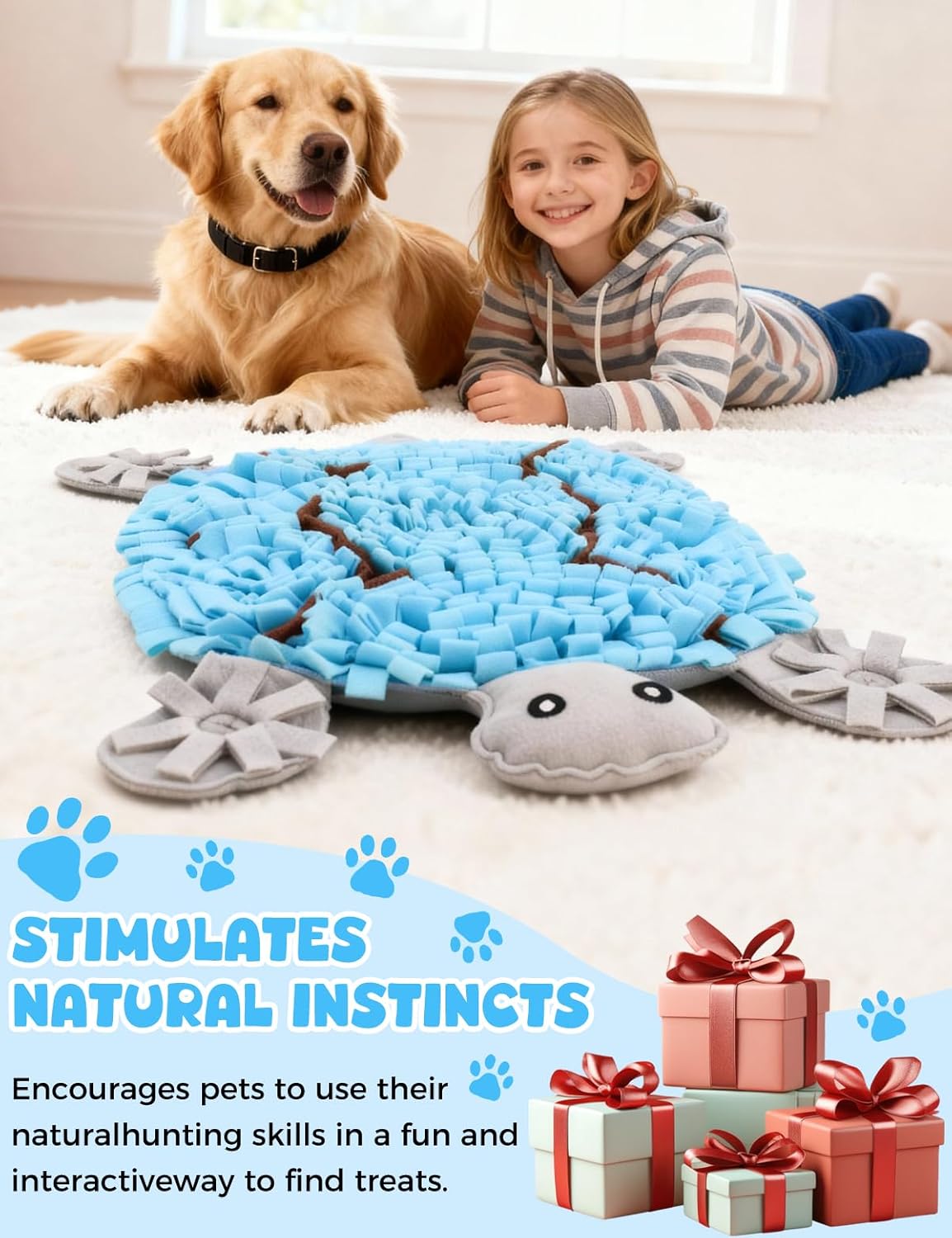 Turtle Snuffle Mat for Dogs, 28.8''x22.8'' Large Nose Work Mat, Dog Food Mat for Foraging and Mental Stimulation, Interactive Feeders for Boredom Relief（Blue）