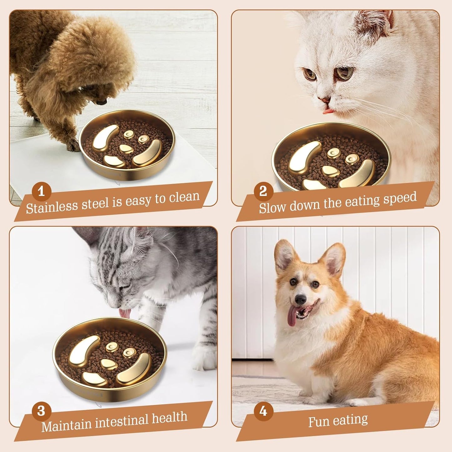 Golden Stainless Steel Slow Feeder Dog Bowls – Non-Slip Metal Dog Bowl for Large & Medium Breeds, Puppy Puzzle Feeder – 2 Cup Capacity for Small to Big Pets – Durable Slow Feed Dog & Cat Food Dish
