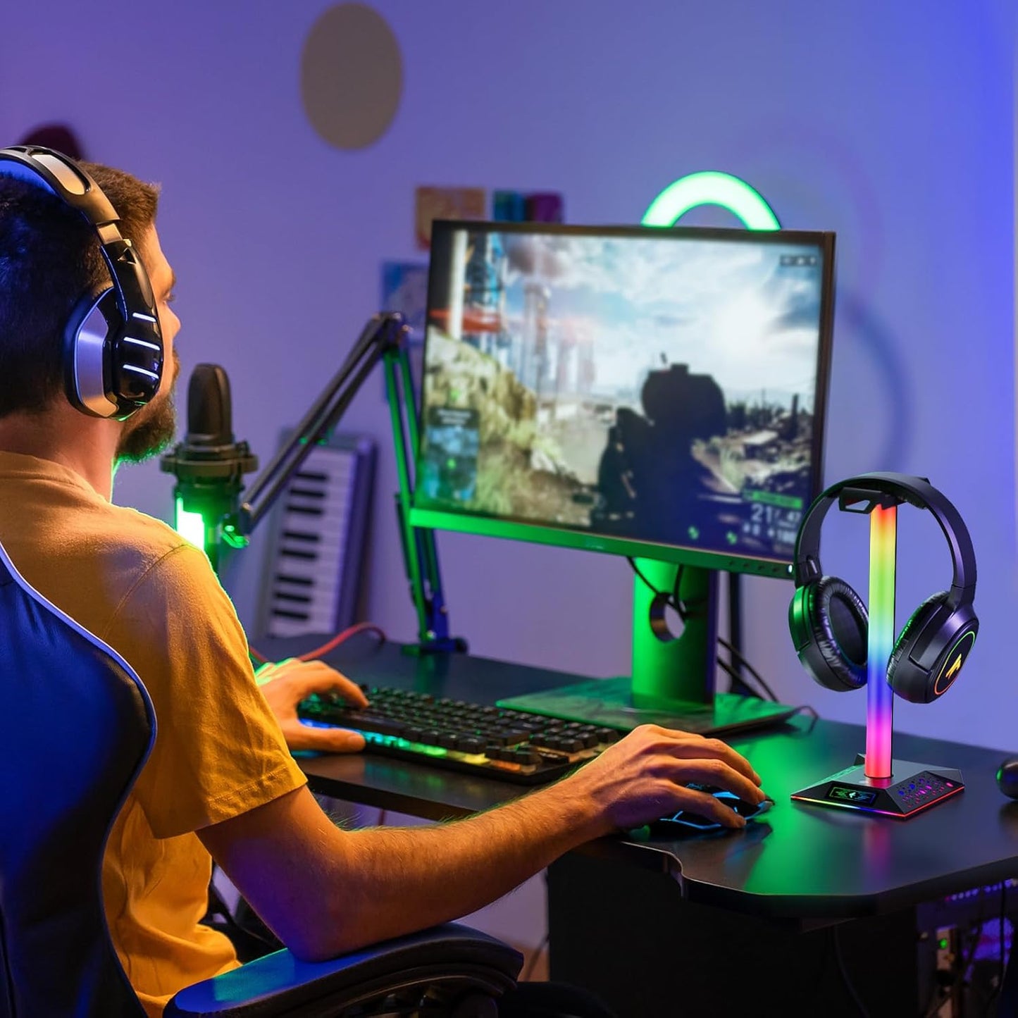 Gaming Headphone Stand PC Accessories - RGB Headset Stand with 2 USB Charger, Cool LED Headphone Holder PC Gaming Accessories for Boys Men Gamers, Computer Game Hardware for Desk