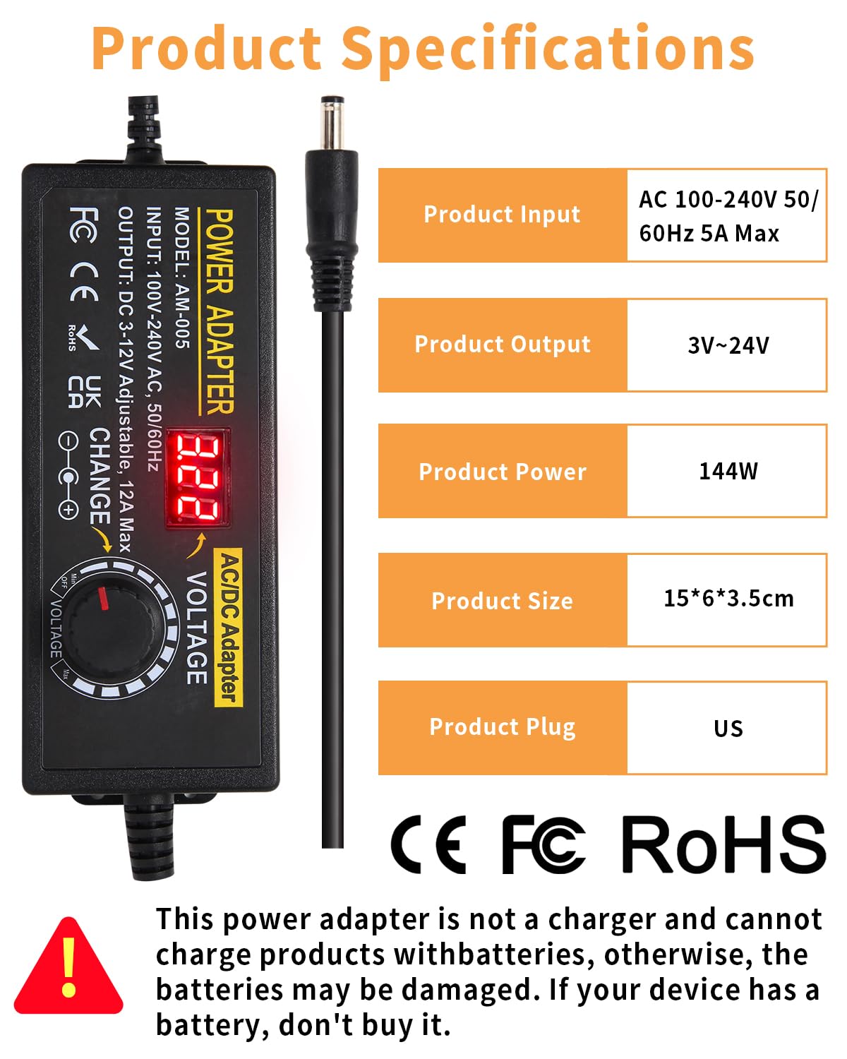 3~12V 12A 144W Adjustable Universal Power Supply Adapter, 3V 4V 5V 6V 7V 8V 9V 10V 11V 12V Variable DC Power Supply with Voltage Display 100V-240V 50-60Hz AC to DC Converter for LED Strip Light Router