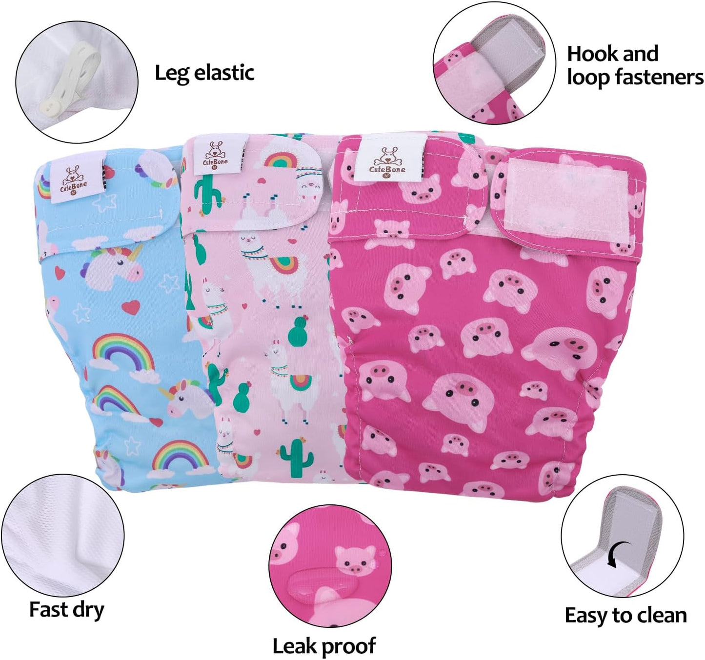 CuteBone Washable Dog Diapers Female No Tail Hole 3 Pack Reusable Doggie Period Training Pants for Docked-Tail Frenchie French Bulldog Boston Terrier Without Tail WWD15M
