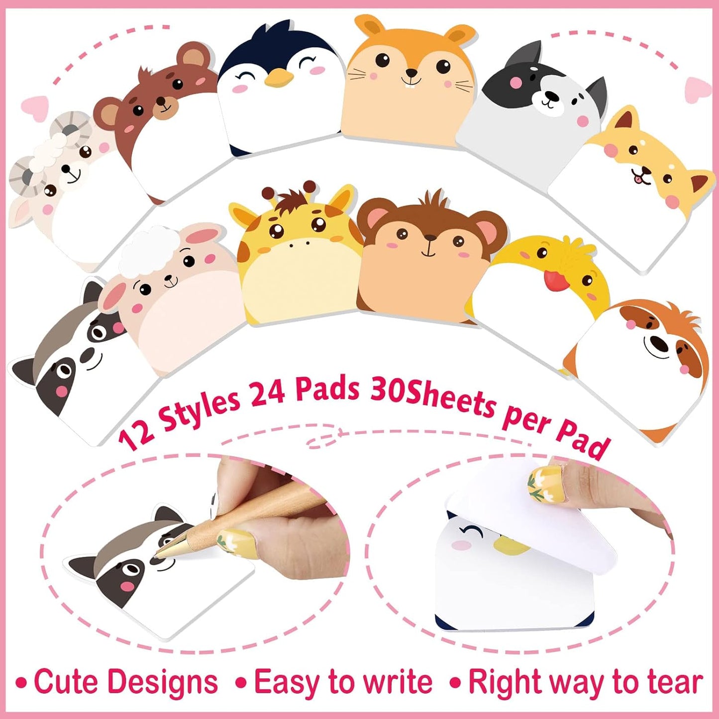 Yinder 24 Pads Cute Animal Sticky Notes Fun Kawaii Animal Sticky Notes Pads Bulk Cartoon Memo Self Adhesive Gift for Veterinary Tab Office School Party Supplies
