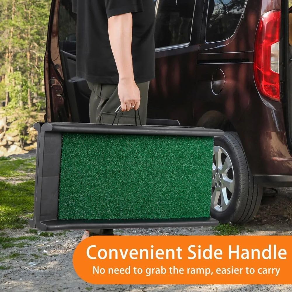 Dog Ramp for Car & SUV with Poly Grass Non-Slip Surface – Lightweight & Foldable Pet Ramp for Dogs, Includes 4 Towels & 2 LED Lights, Safe for Cars, Trucks, Beds, Couches & Stairs