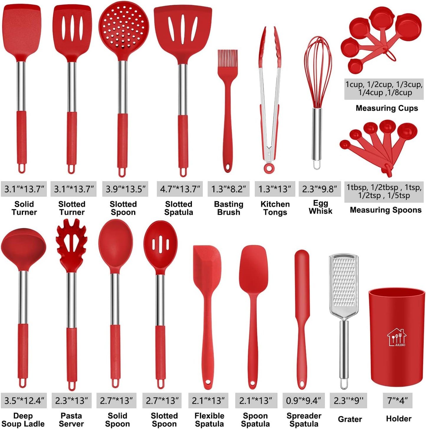 Silicone Cooking Utensil Set,Kitchen Utensils 26 Pcs Set,Non-stick Heat Resistant Silicone,Cookware with Stainless Steel Handle - Red