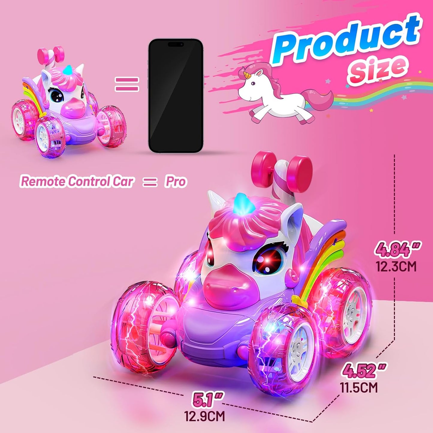 Carsky Unicorn Remote Control Car for Girls,Rechargeable 360°Stunt RC Cars Rotation 4WD Remote Cars with LED Lights,Fun Indoor Outdoor Toys for Kids,Chritmas Birthday Gift for 3 4 5 6 Year Old Girl