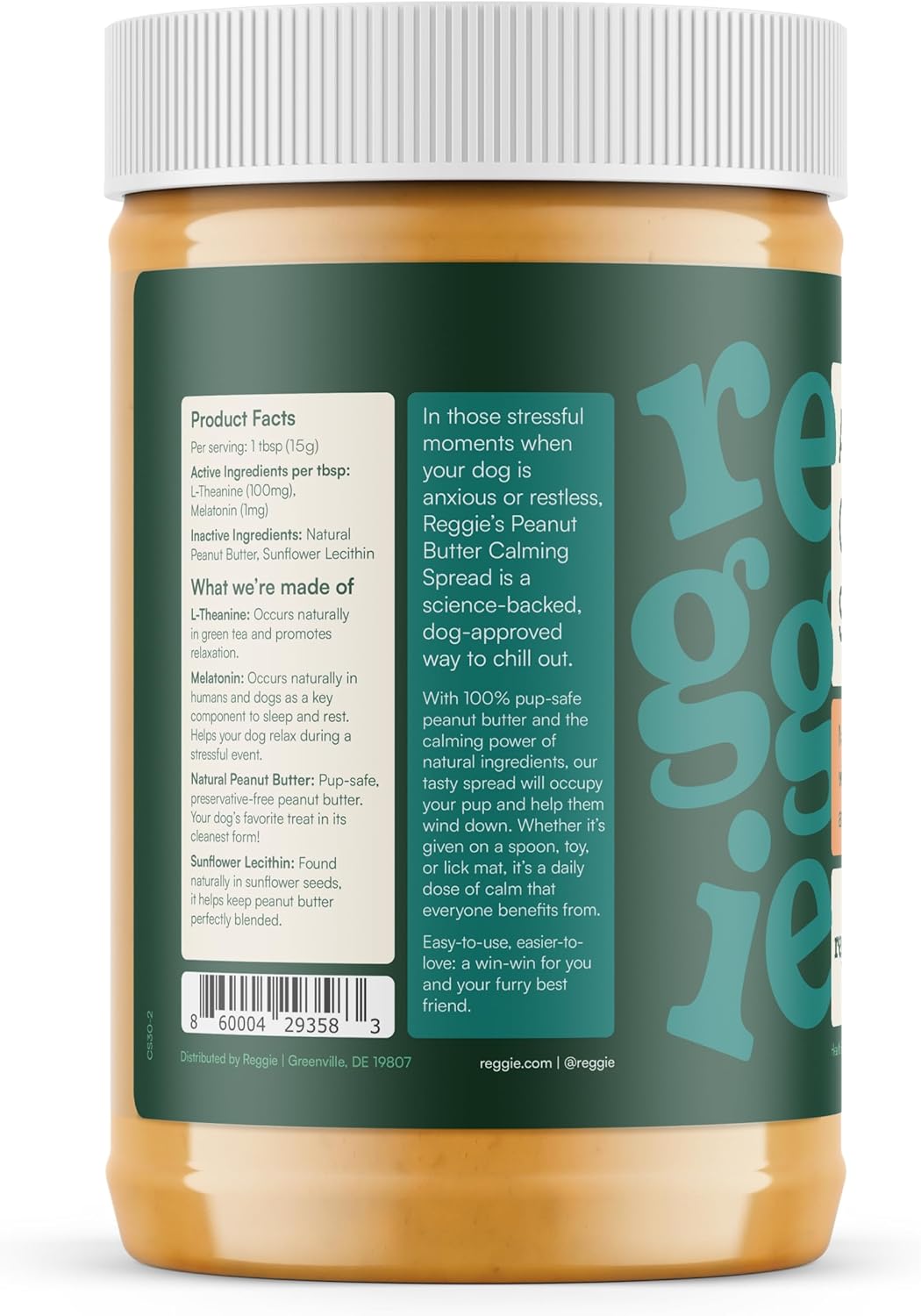 Reggie Calming Spread for Dogs, 100% Natural Peanut Butter with Melatonin & L-Theanine, Short-Term Dog Anxiety Relief, Made in USA 16oz
