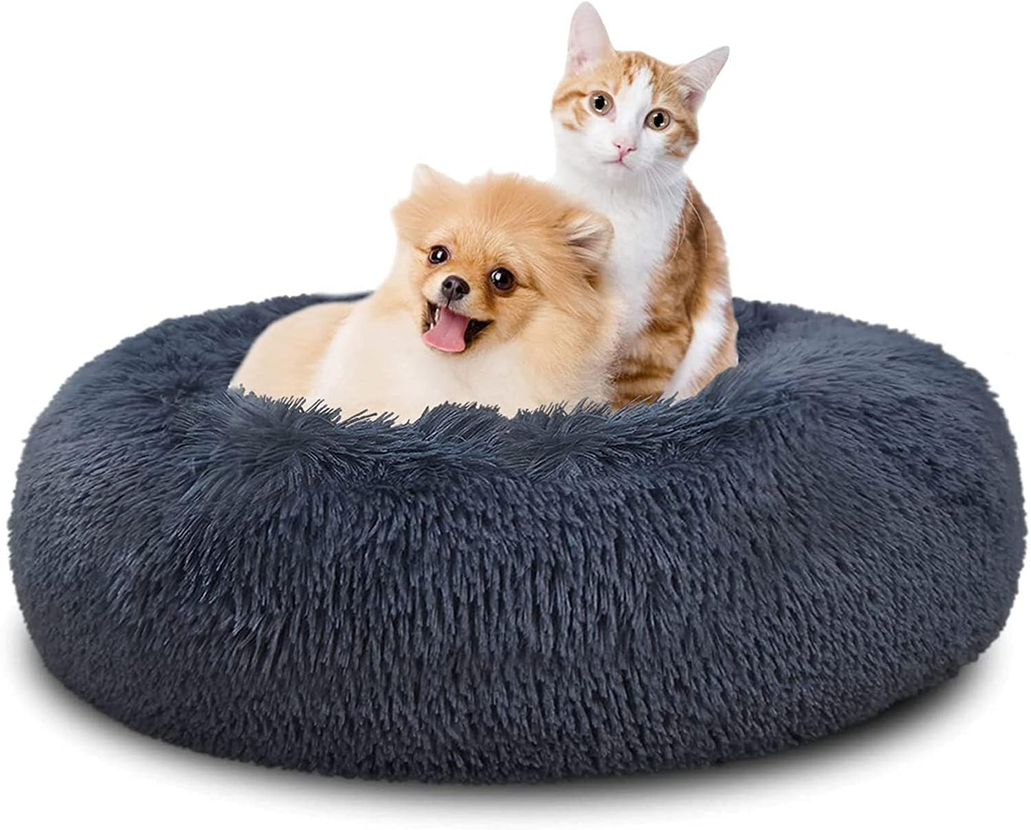SAVFOX 45 inches Calming Donut Dog Bed - 3X Durable Plush Faux Fur, Machine Washable & Non-Slip, Fits up to 150 lbs, Dark Grey
