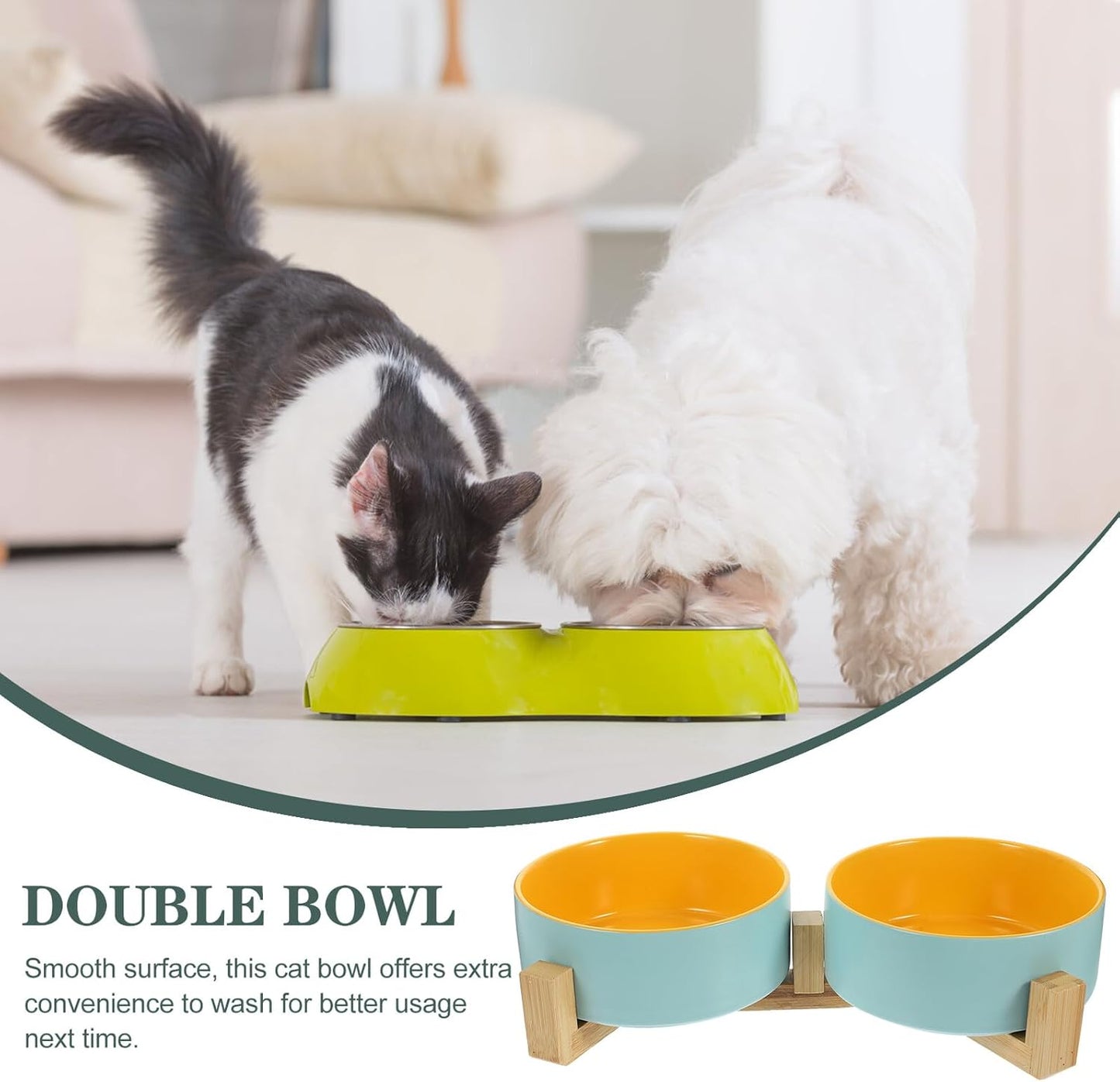 Milisten Ceramic Cat Bowl with Wood Holder, Elevated Feeding Bowl Set, Matte Two-Tone Blue and Yellow, Small Size, Indoor Kitten Feeding Dish for Cats