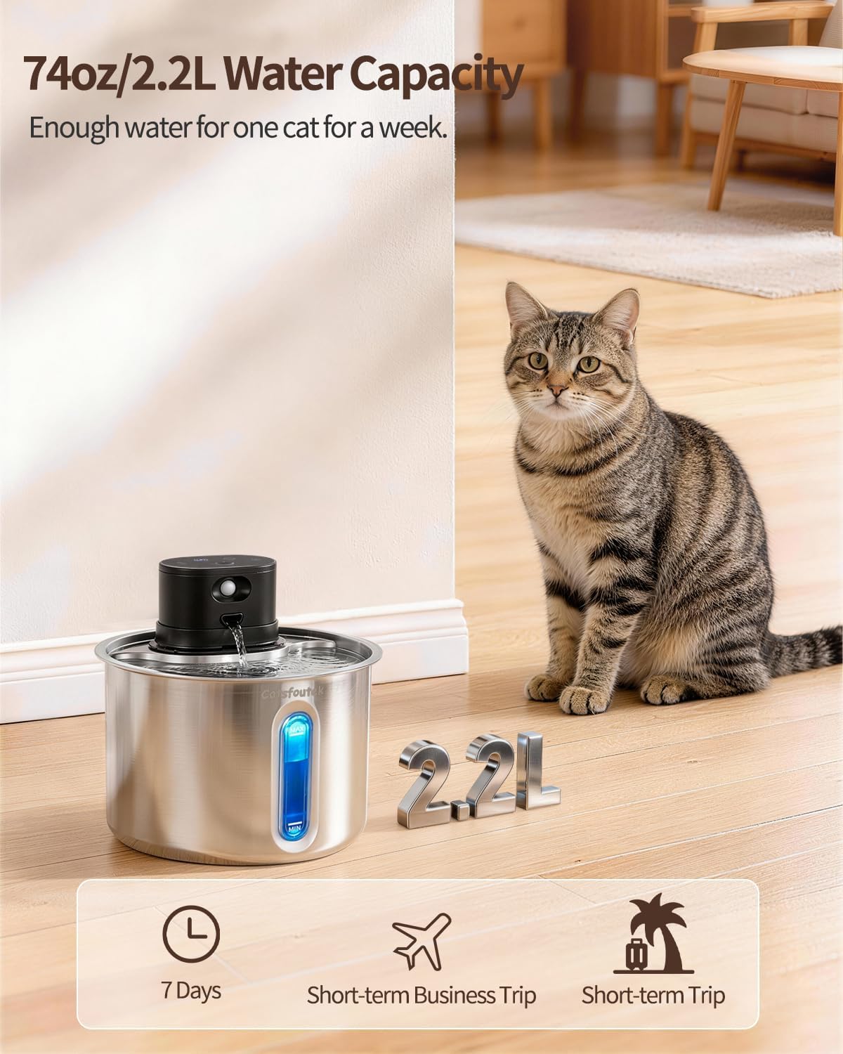 Wireless Cat Water Fountain Cordless Stainless Steel Cat Fountain Battery Operated 74oz/2.2L Rechargeable Automatic Pet Water Fountain for Cats Indoor