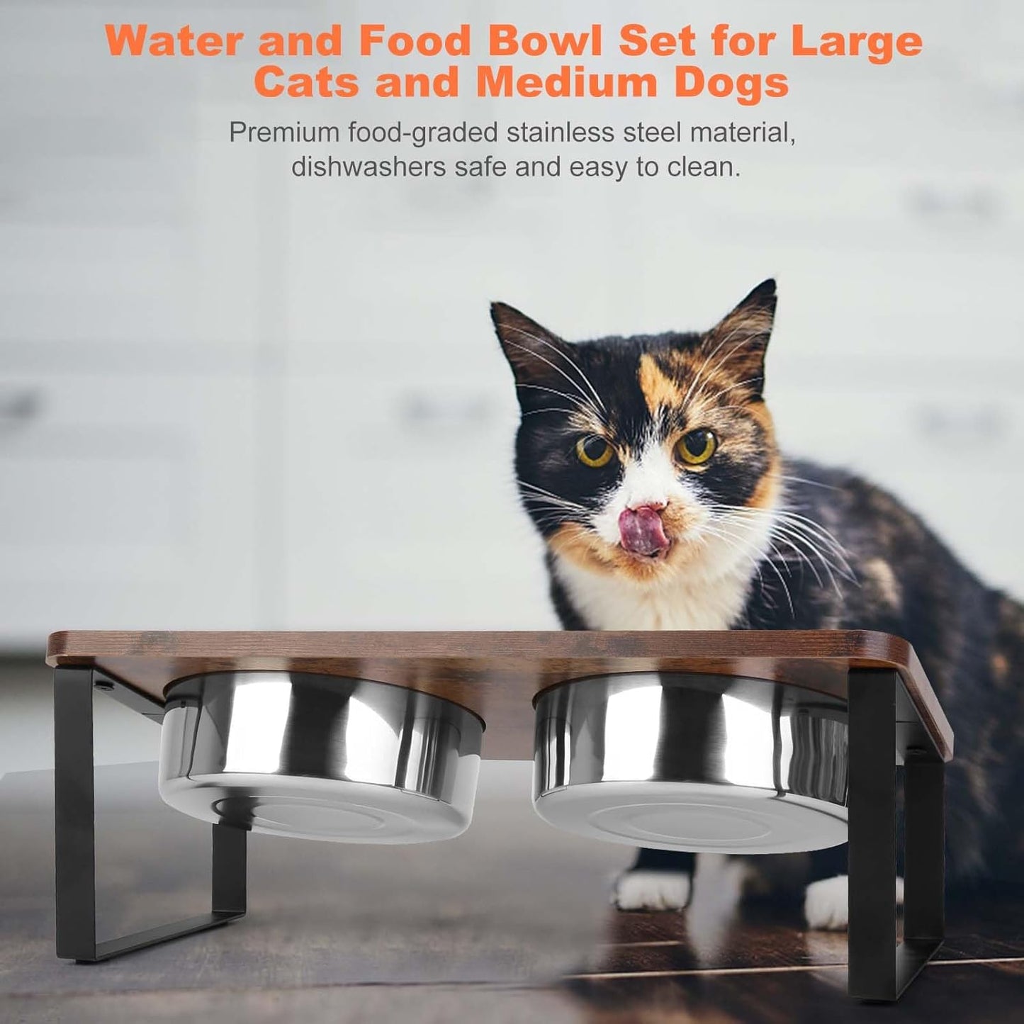 Yummy Sam 15° Tilted Raised Stainless Steel Dog Food and Water Bowl Set, Elevated Pet Bowls with Stand Double Food Feeding Dishes for Medium Dogs and Large Cats