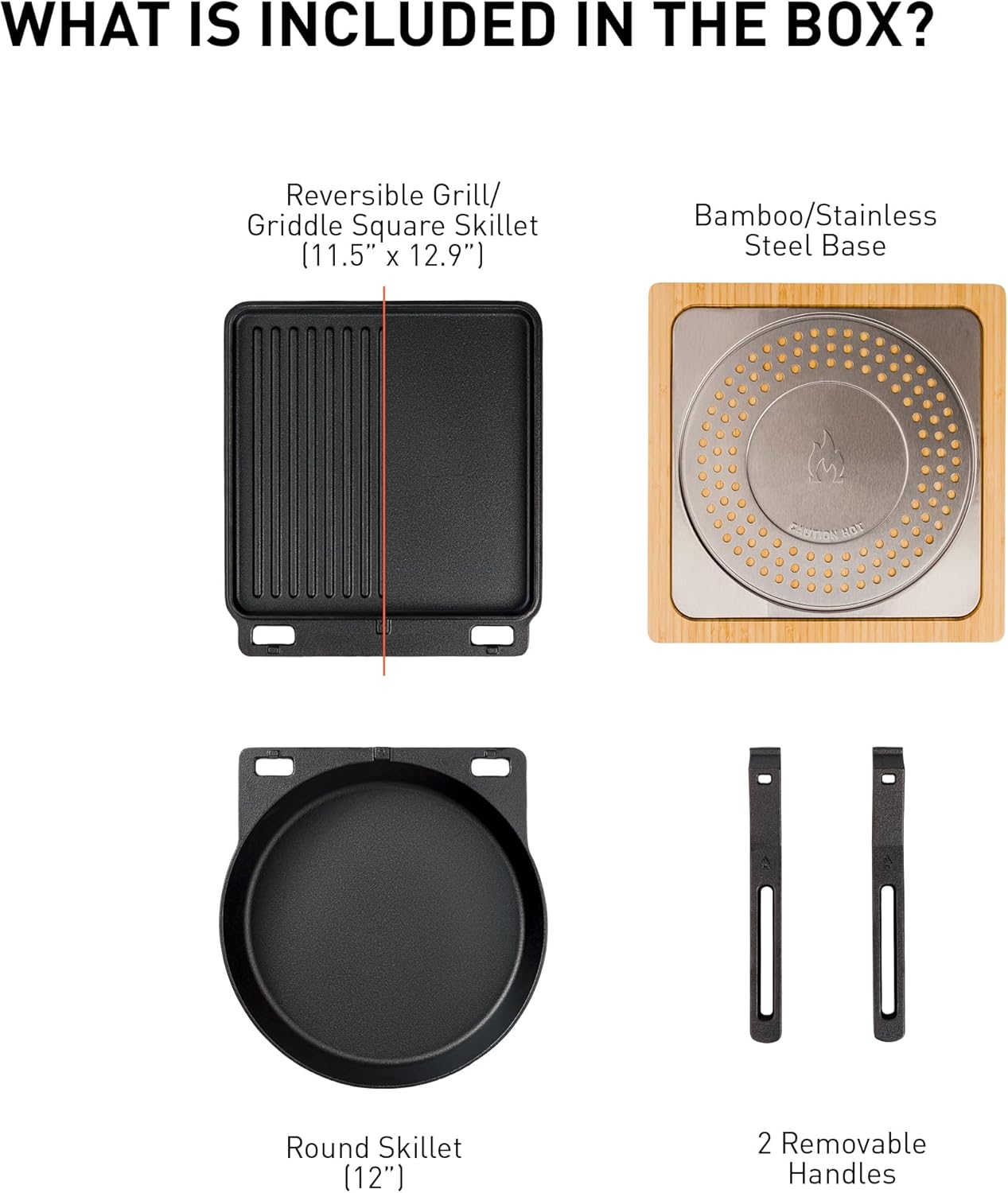 Solo Stove Pi Cast Iron 3-Piece Cookware Set | Incl. Round Skillet (30,5 cm), Reversible Grill/Griddle (29,2 x 33 cm), 2 Removable Handles, Bamboo/Stainless Steel Base for Protection