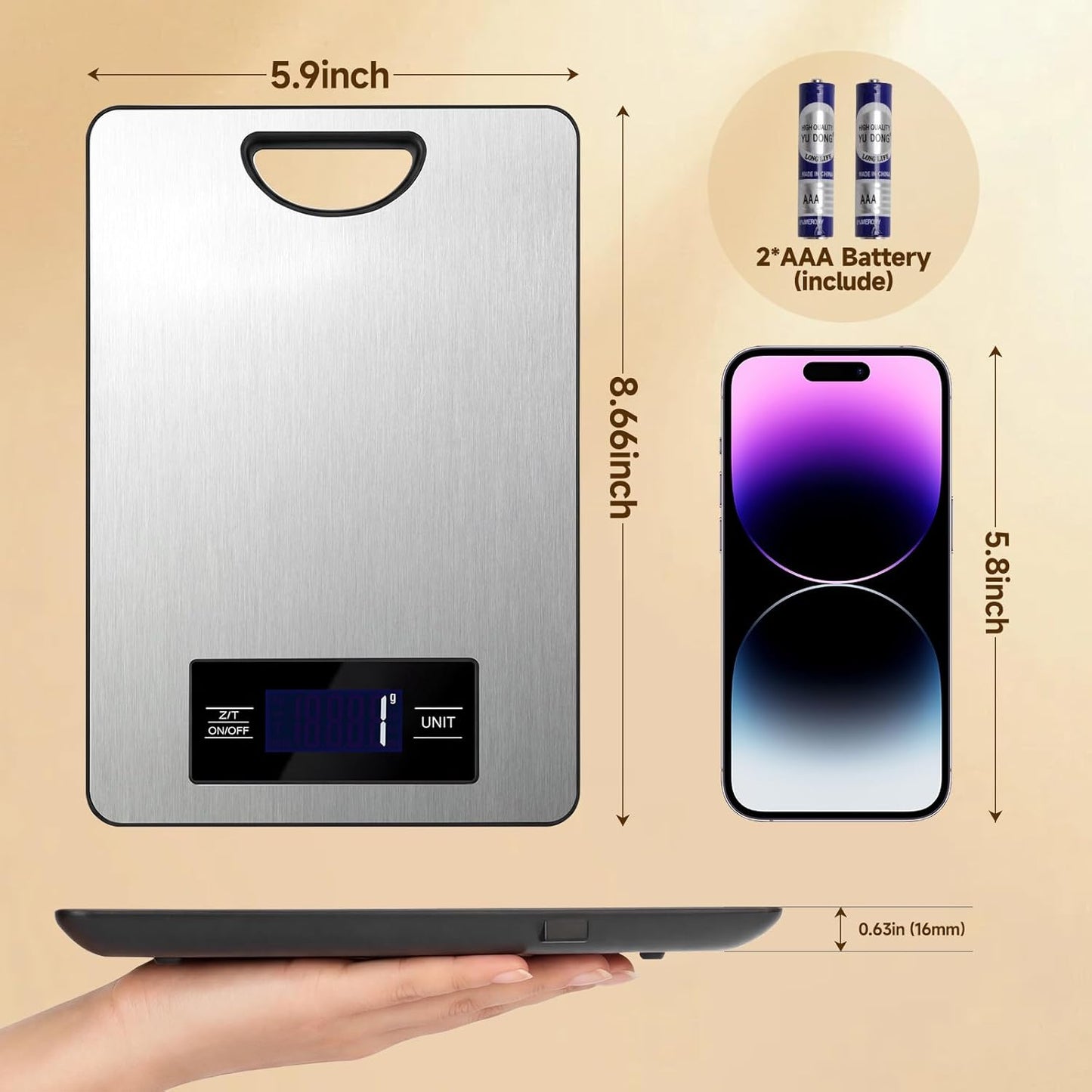 Digital Kitchen Scale & Food Weight Scale with Hang Loop, 11lb Baking Scale for Home and Kitchen, Precise Scales with Grams and Ounces, Stainless Steel (Silver)