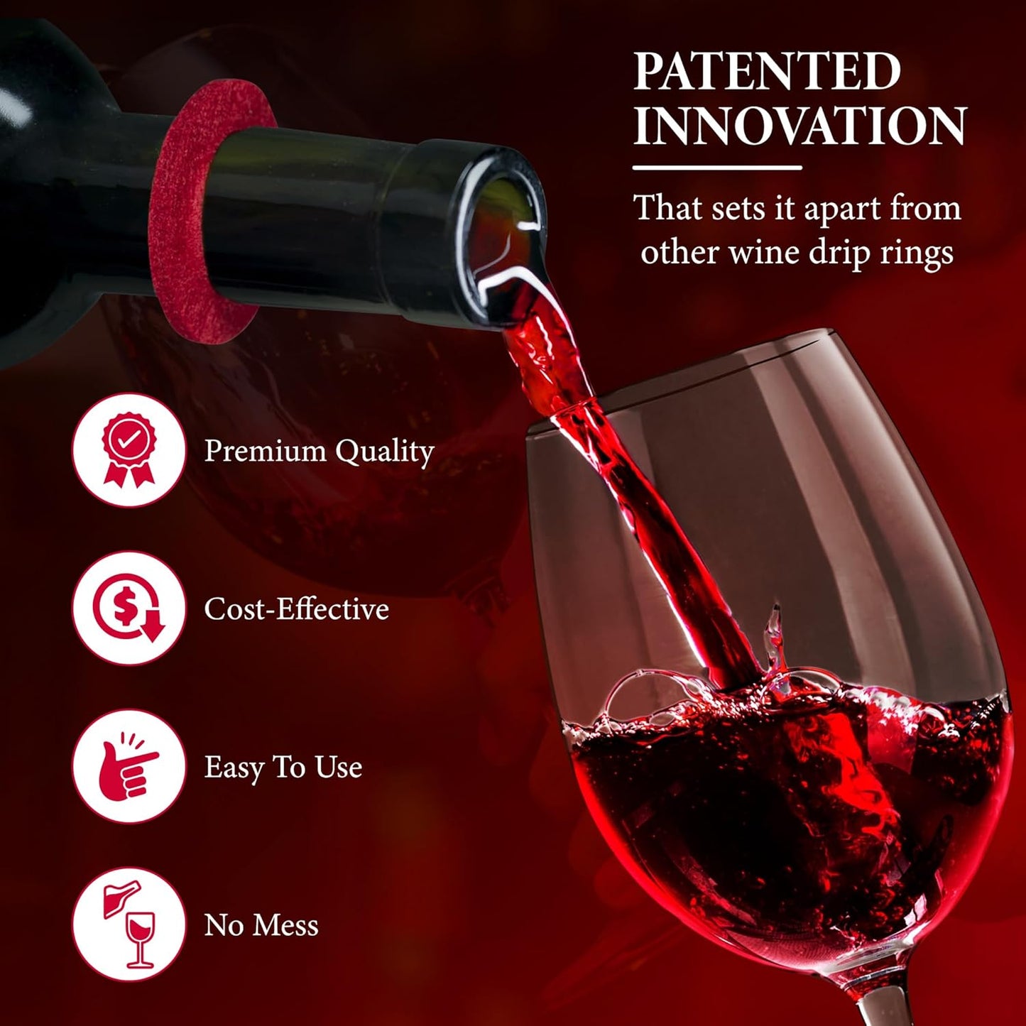 The Wine Drip Ring | Set of 12 | Felt Leak Stopper Accessories | Disposable No Spill Catcher | Bottle Collars Gadgets for Bar, Kitchen, Party | Clever Dripper Guard Holder Tools | Great Gift | Red