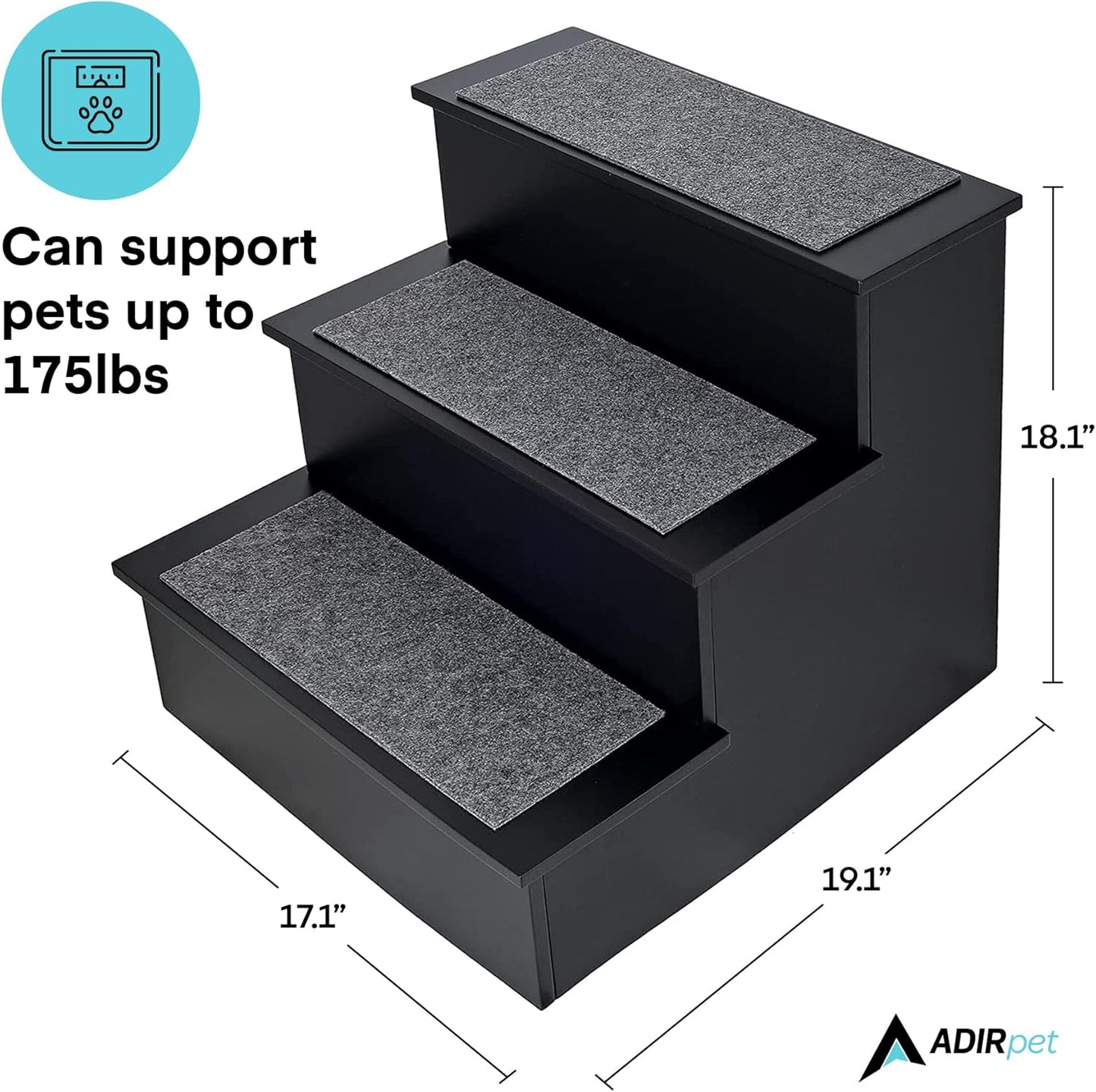 AdirPets Deluxe 3-Step Pet Stairs with Non-Slip Surface and Carpeted Treads - Sleek Pet Steps for Small Dogs, Cats, Elderly or Disabled Pets - Supports Up to 175lbs Weight - Black
