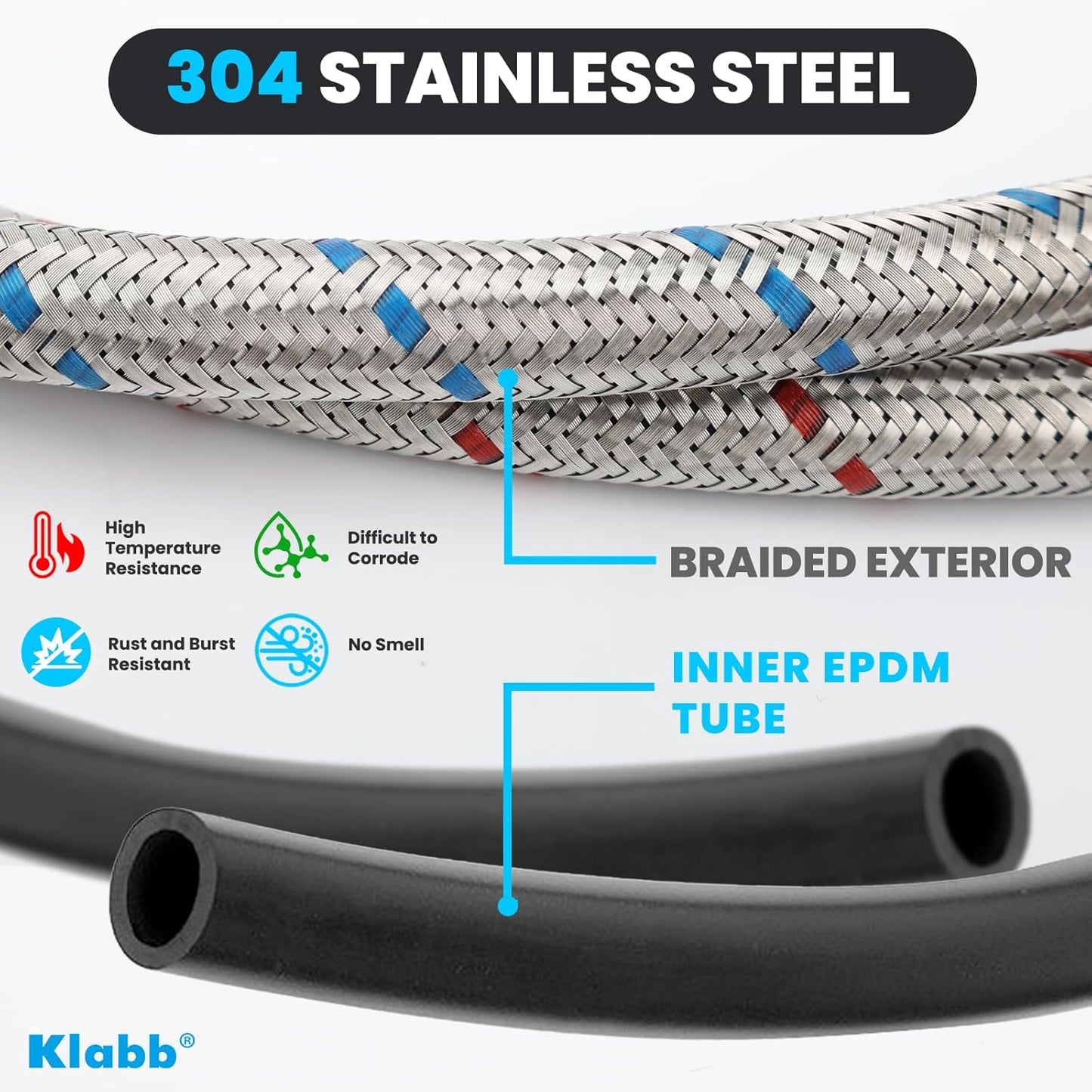 Klabb 32-Inch Stainless Steel Braided Faucet Supply Line, 3/8" Compression Inlet with 1/2" Adapter and M10 Faucet Connection for Bathroom & Kitchen Sinks