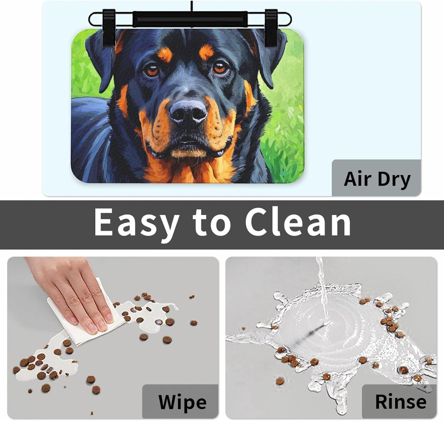 Pet Feeding Mat Leather Dog Food Mat Waterproof Pet Tablecloth Cool Rottweiler Dog Art Pet Placemat for Dogs Absorbent Dog Bowl Mat Anti-Slip Dogs Mats for Food and Water