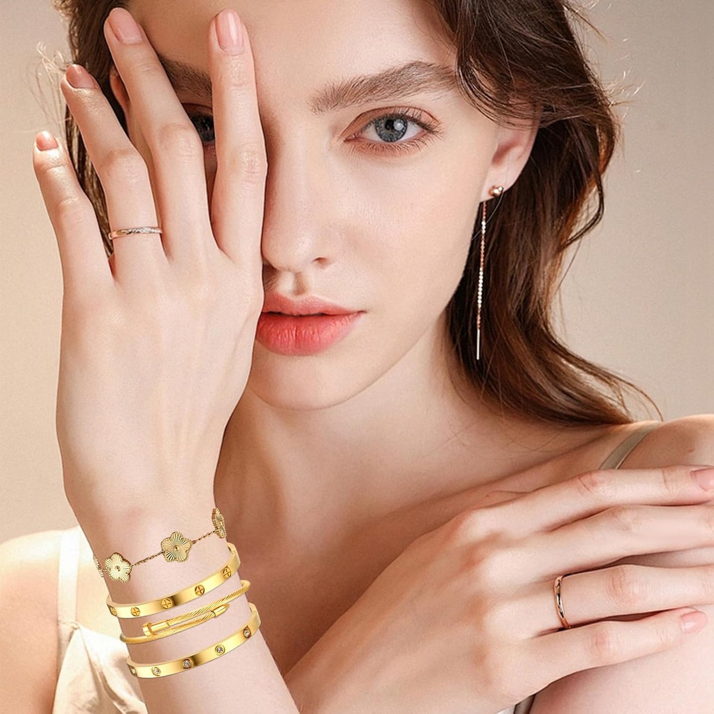 Gold Bracelets for Women-4Sets/3ets,18K Gold Plated Bracelet,Stainless Steel Bangle Bracelets Non Tarnish, Gold Bracelet Set Trendy Jewelry,Christmas Valentines Birthday Gifts for Girlfriend