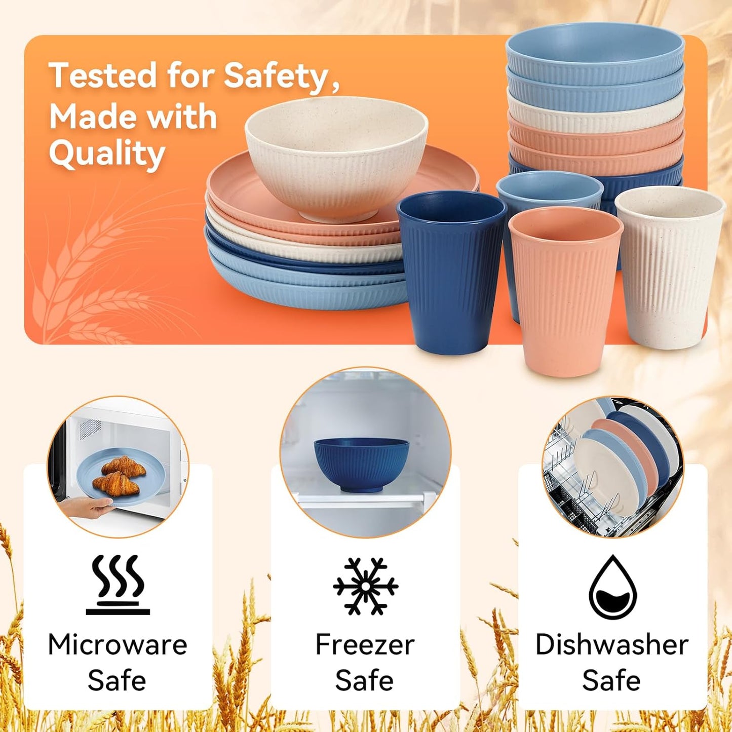 Wheat Straw Dinnerware Sets,64-Piece Black Plates and Bowls Sets for 8-Unbreakable,Reusable Plastic Dish Set-Dinner Plate/Dessert Plate/Cereal Bowl/Cup/Utensils-Microwavable Dishwasher Safe 64P-BLACK