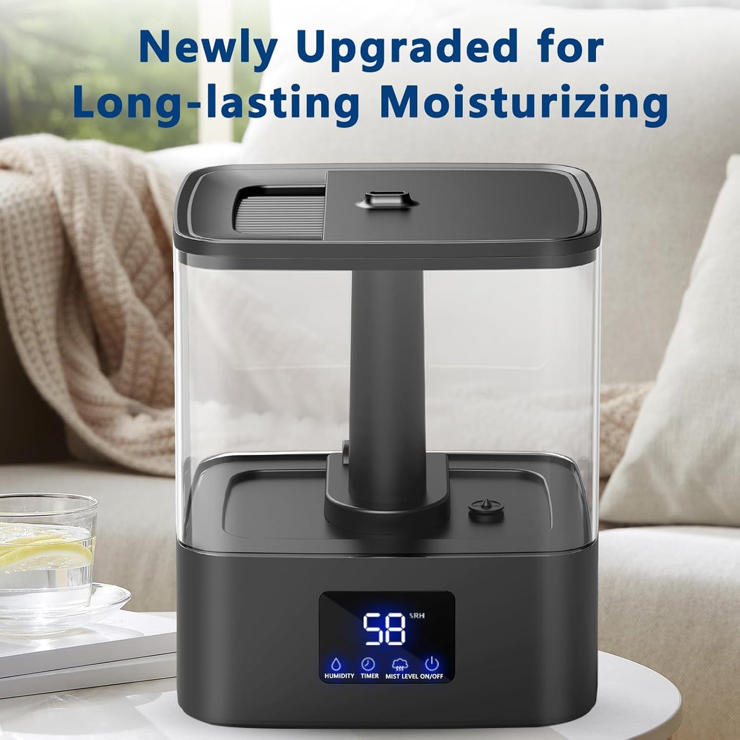 KZF 4L Top Fill Humidifiers for Bedroom & 60H Runtime - Cool Mist Humidifier, 3 Mist Levels, 8H Timer, Essential Oil Tray, Humidity Display, Quiet for Bedroom, Baby, Plants, Large Room (Black, 4L)