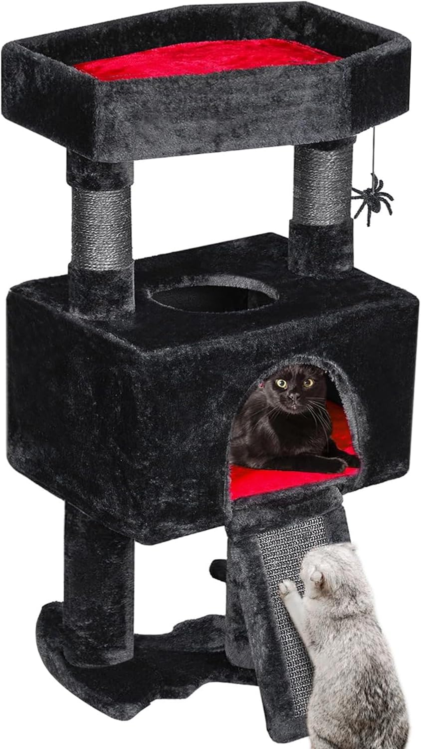 BEWISHOME 33.6in Cat Tree Tower for Indoor Gothic Cat Trees with Coffin Bed, Cat Condo Cat House with Scratching Posts, Cat Shelves with Spider Toy, Pet Play Activity Center Black with Red, MMJ95R