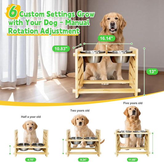 Premium All-Solid Wood Elevated Dog Bowls Stand with 2 Reinforced 48oz 304 Stainless Steel Bowls, 6 Adjustment Modes (Three Heights + 30° Tilt), Food Grade Varnish Stable Raised Dog Bowl