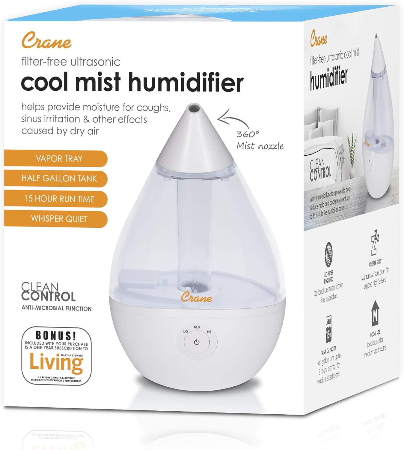 Crane Ultrasonic Teardrop Humidifier for Baby, Cool Mist, Auto Shut off, Adjustable Humidity, for Nursery, Bedroom, Clear and White, 0.5 Gallon