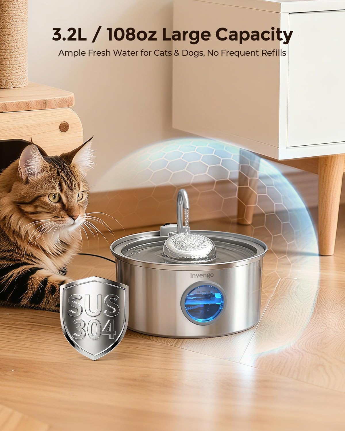 Cat Water Fountain Stainless Steel, 108oz/3.2L Pet Fountain with Large Water Level Window, Ultra Quiet Automatic Cat Water Dispenser for Cats and Dogs, 2 Flow Modes, Splash-Proof Design