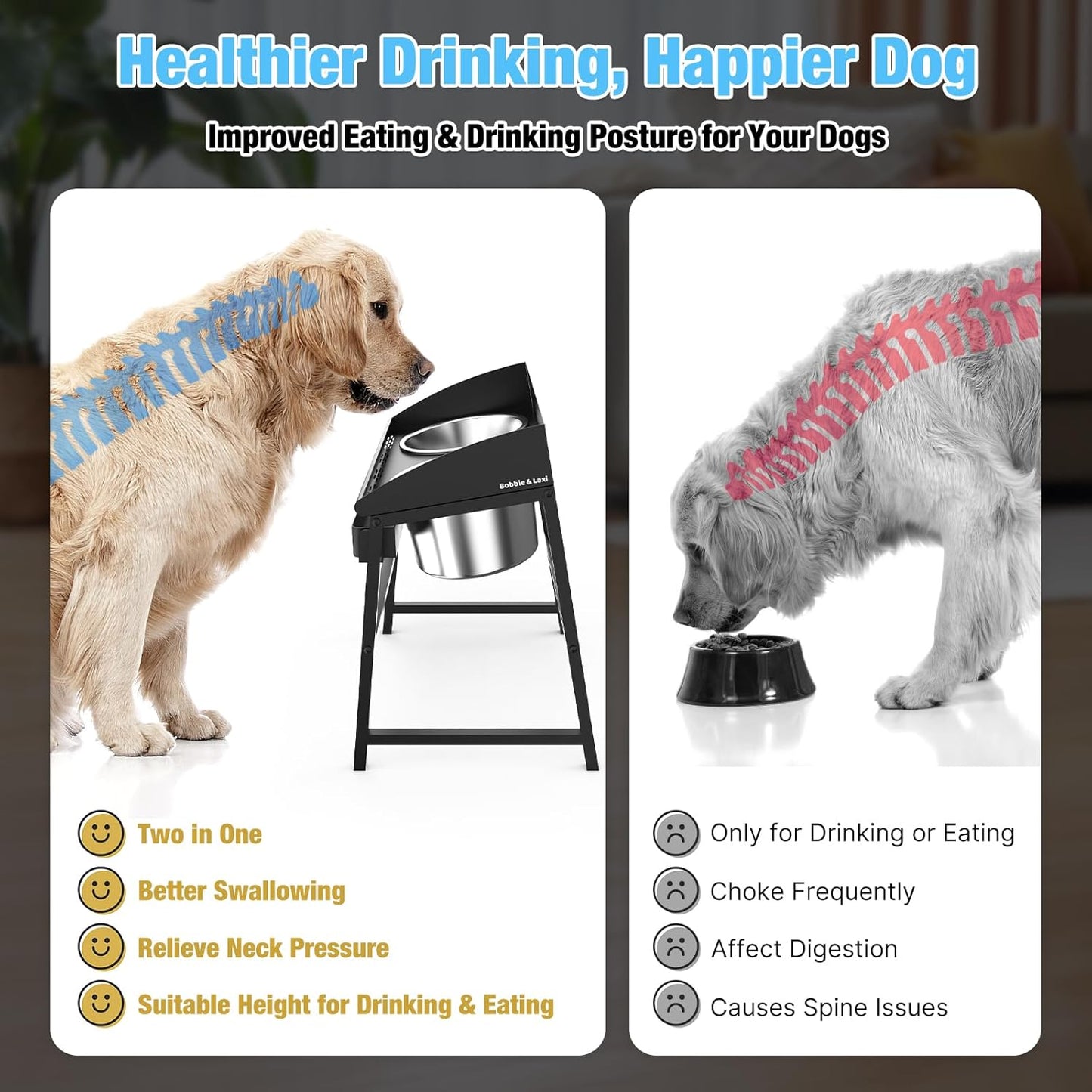 Spill Proof Tilted Elevated Dog Bowls for Large Breed, 15“ Tall Raised Dog Bowl with Stand, Stainless Steel Dog Food Bowl & Water Bowl Set for Indoor & Outdoor Use, Easy Clean Large Dog Bowl Dog Dish